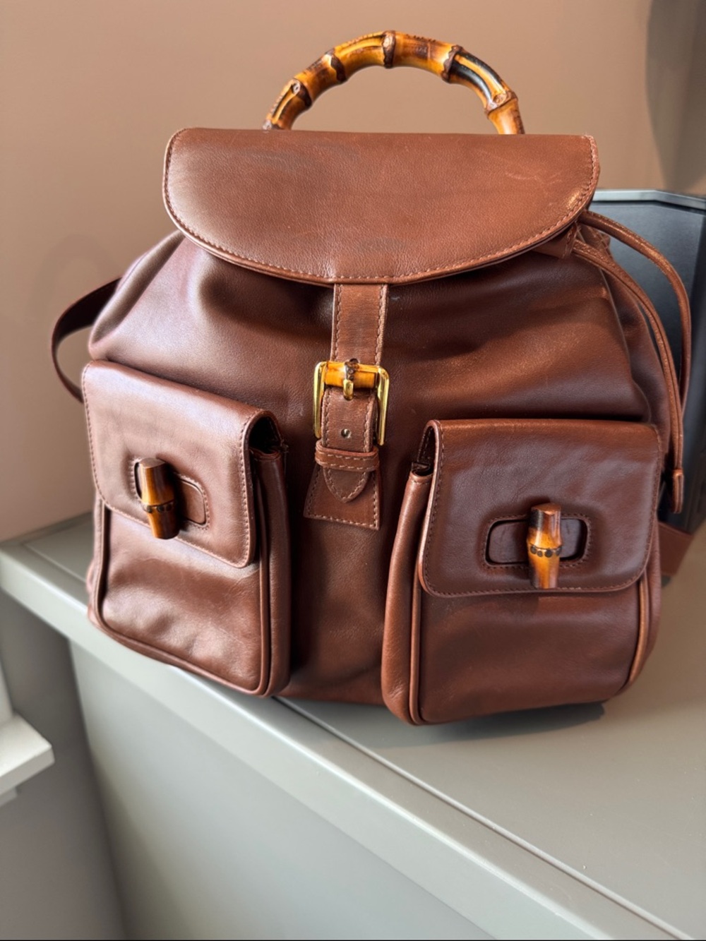 Gucci Brown Leather Backpack with Bamboo Handle